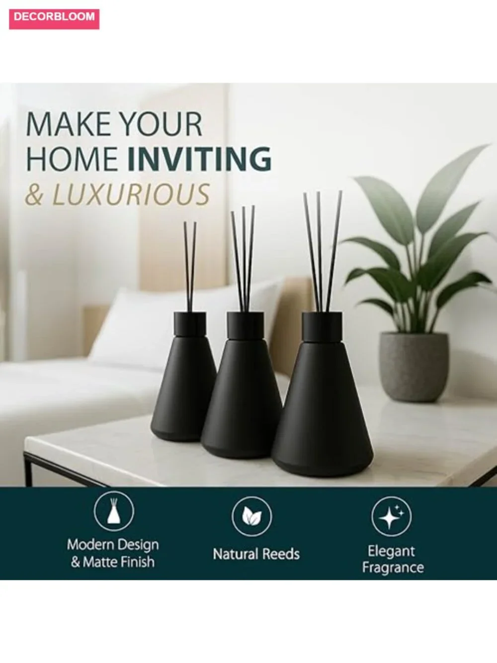 Reed Diffuser Set of 3, White Flower Scent, 50ml, Home Fragrance for Bathroom &
